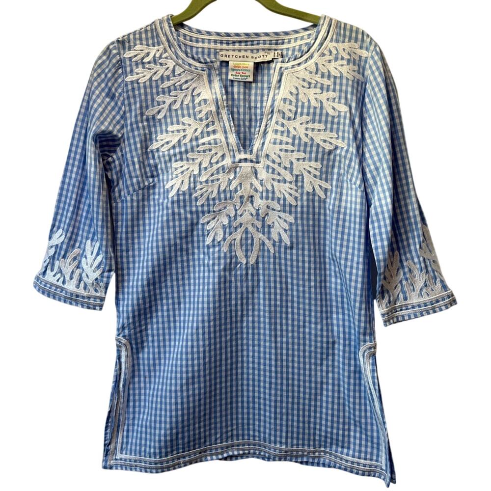 Gretchen Scott Blue/White Plaid Embroidered Coral 3/4 Sleeve Top